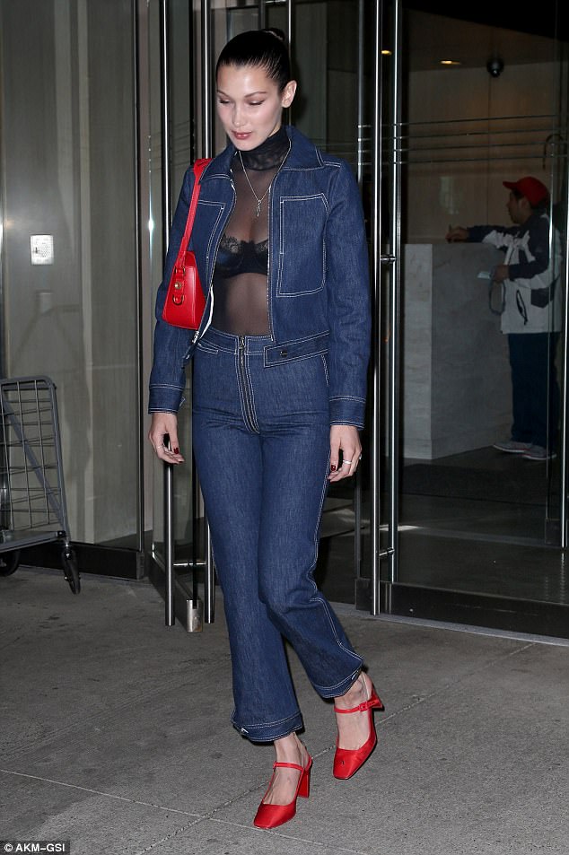 Bella Hadid exposes lacy bra in see-through bodysuit as she rocks double denim while out in NYC