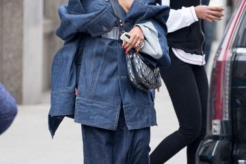 Double denim diva! Braless Rihanna wears outrageous oversize jean jacket and skirt in New York