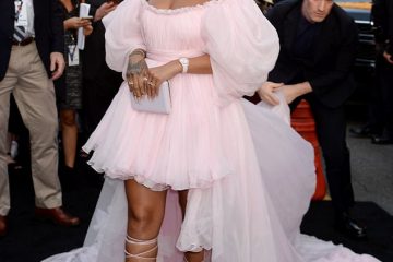 Rihanna stuns in off-the-shoulder gown with puffy shoulders and extra long train for Valerian premiere in LA