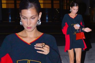 Bella Hadid shows off her legs in a tiny black and red shirt dress as she steps out in New York