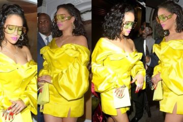 Yellow look! Rihanna looks sensational in a neon yellow silk mini Dress at her Fenty Beauty launch